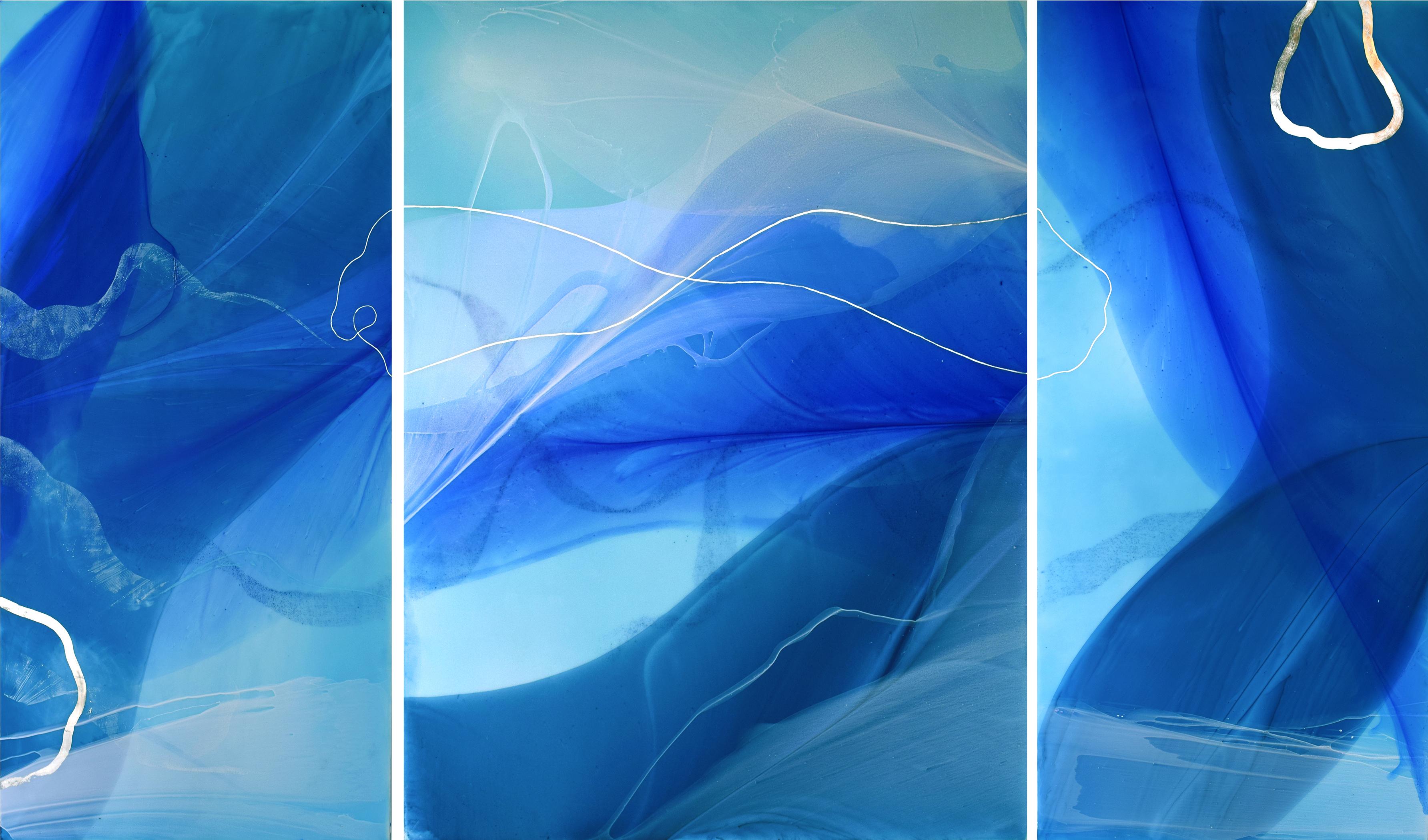 Marina Dunbar Landscape Painting - "Singing River (triptych)" -  Large Scale Blue Abstract Painting - Paul Jenkins