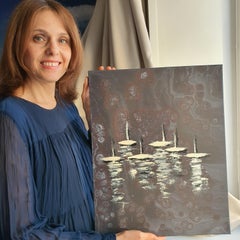 Abstraction with Yacht Regatta Original Painting Sailboats Seascape Minimalist M