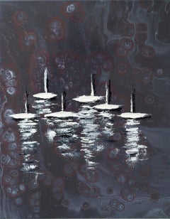 Abstraction with Yacht Regatta Original Painting Sailboats Seascape Minimalist M