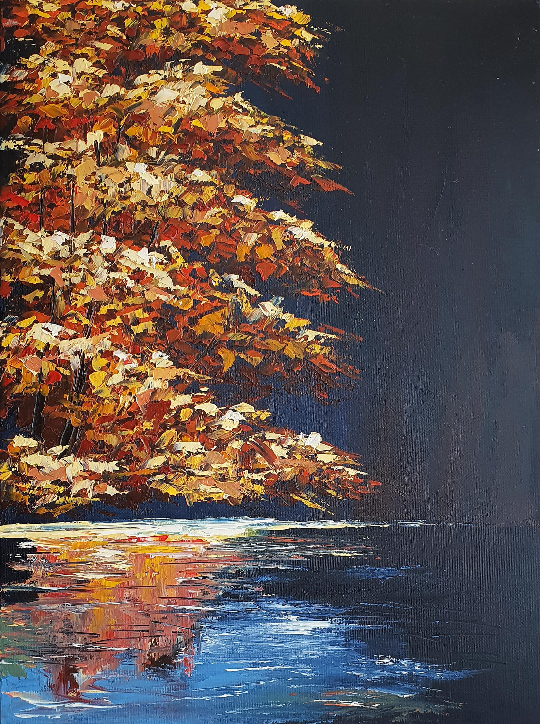Marina Fisher Landscape Painting - Autumn Forest Lake Reflection Painting Original Fall Landscape Art Golden Trees