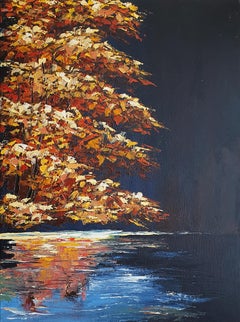 Autumn Forest Lake Reflection Painting Original Fall Landscape Art Golden Trees