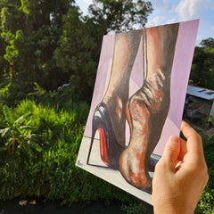 Barefoot Elegance in Black Stiletto Heels Fashion Figurative Painting Contempora