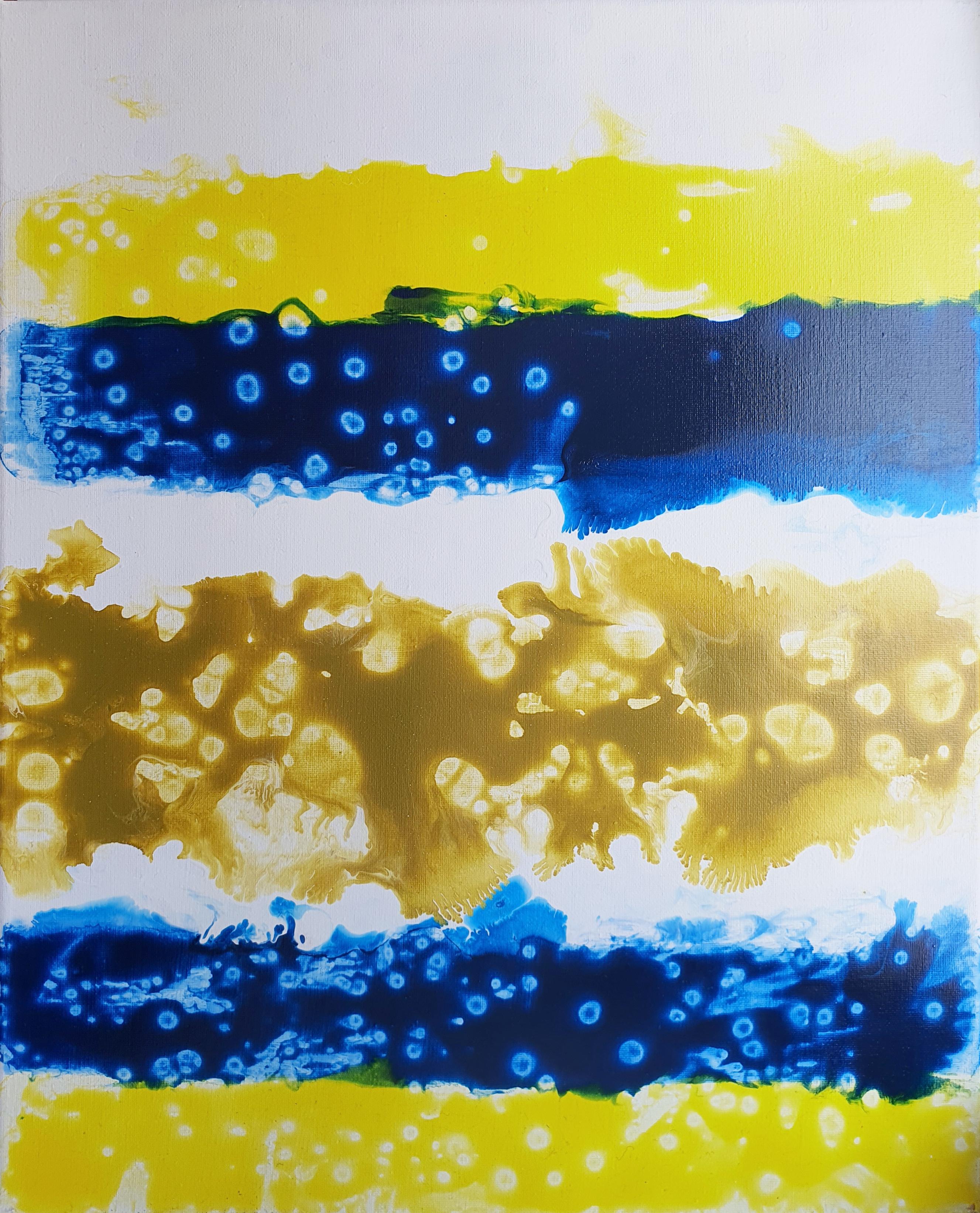 **Blue Yellow Abstract – Original Fluid Art Painting, Color Block Stripe Composition, Contemporary Modern Art**

This one-of-a-kind original painting presents a bold abstract composition built from vertical bands of color, where fluid movement and