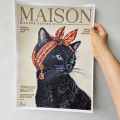 Bombay Cat Fashion Portrait Painting Elegant Black Feline Modern Wall Art