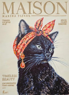 Bombay Cat Fashion Portrait Painting Elegant Black Feline Modern Wall Art
