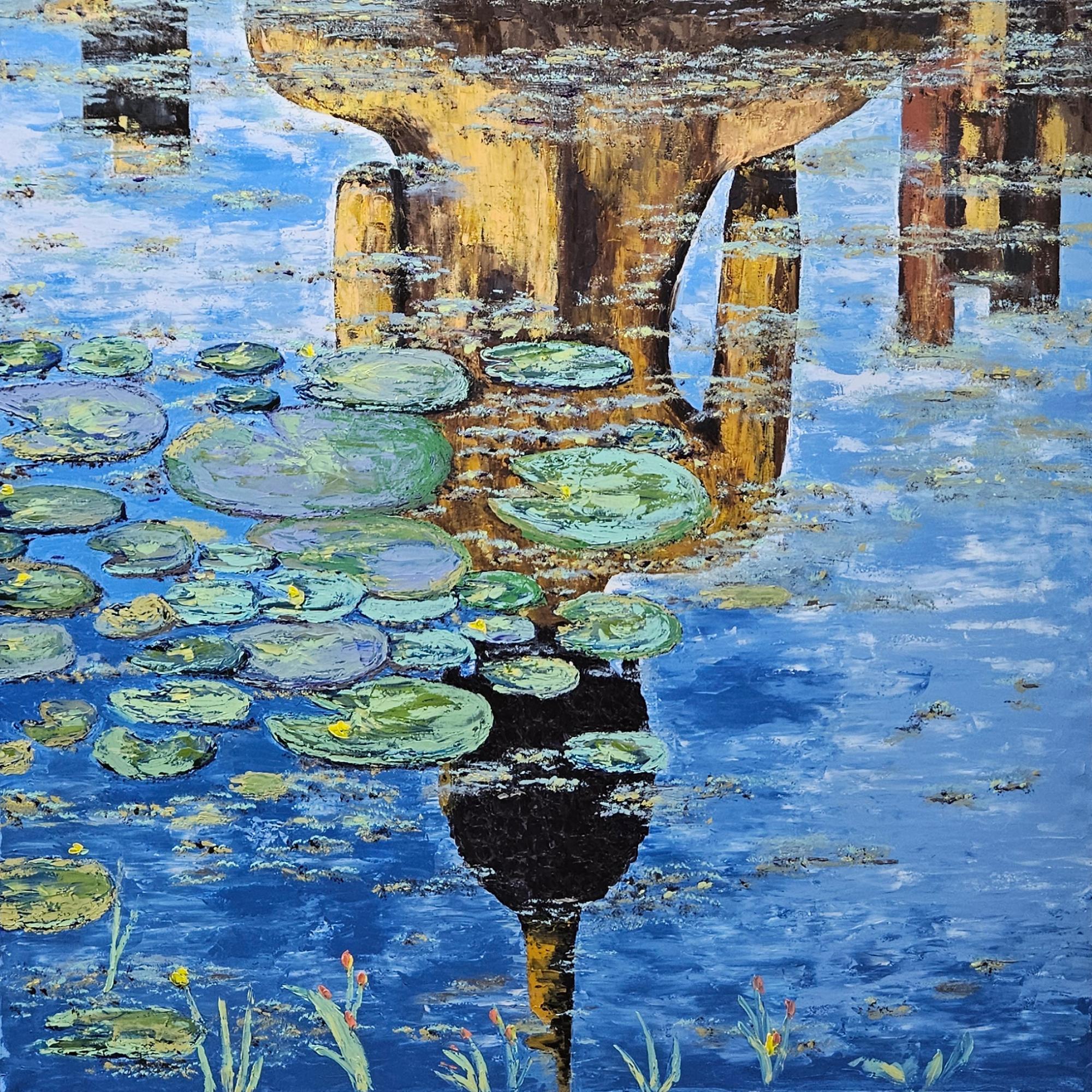 Buddha Reflection Pond Painting Water Lilies Spiritual Meditation Original Art