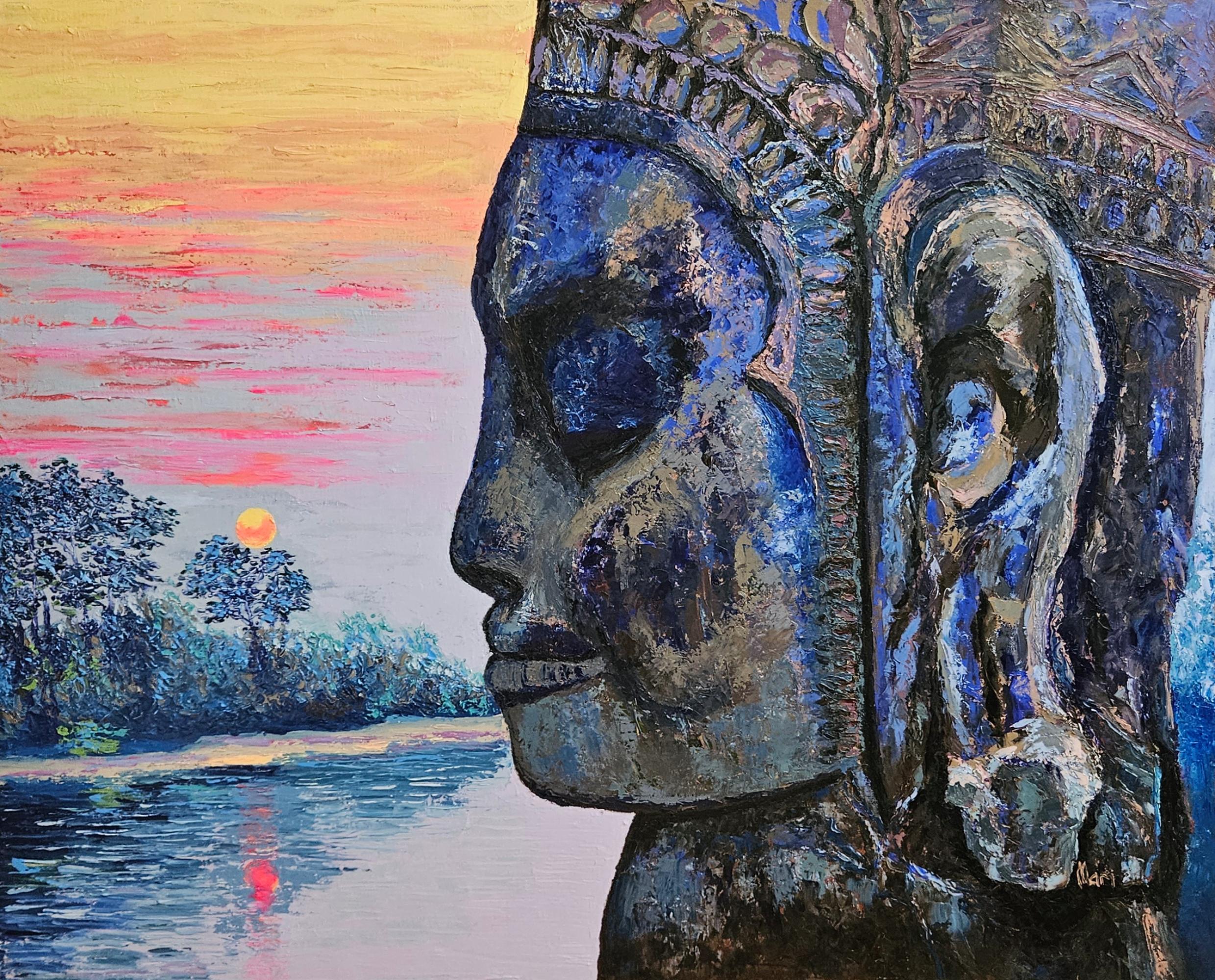 Buddha-Sonnenuntergang-Gemälde – Originelle spirituelle Zen-Wandkunst als Dekoration für die Meditation