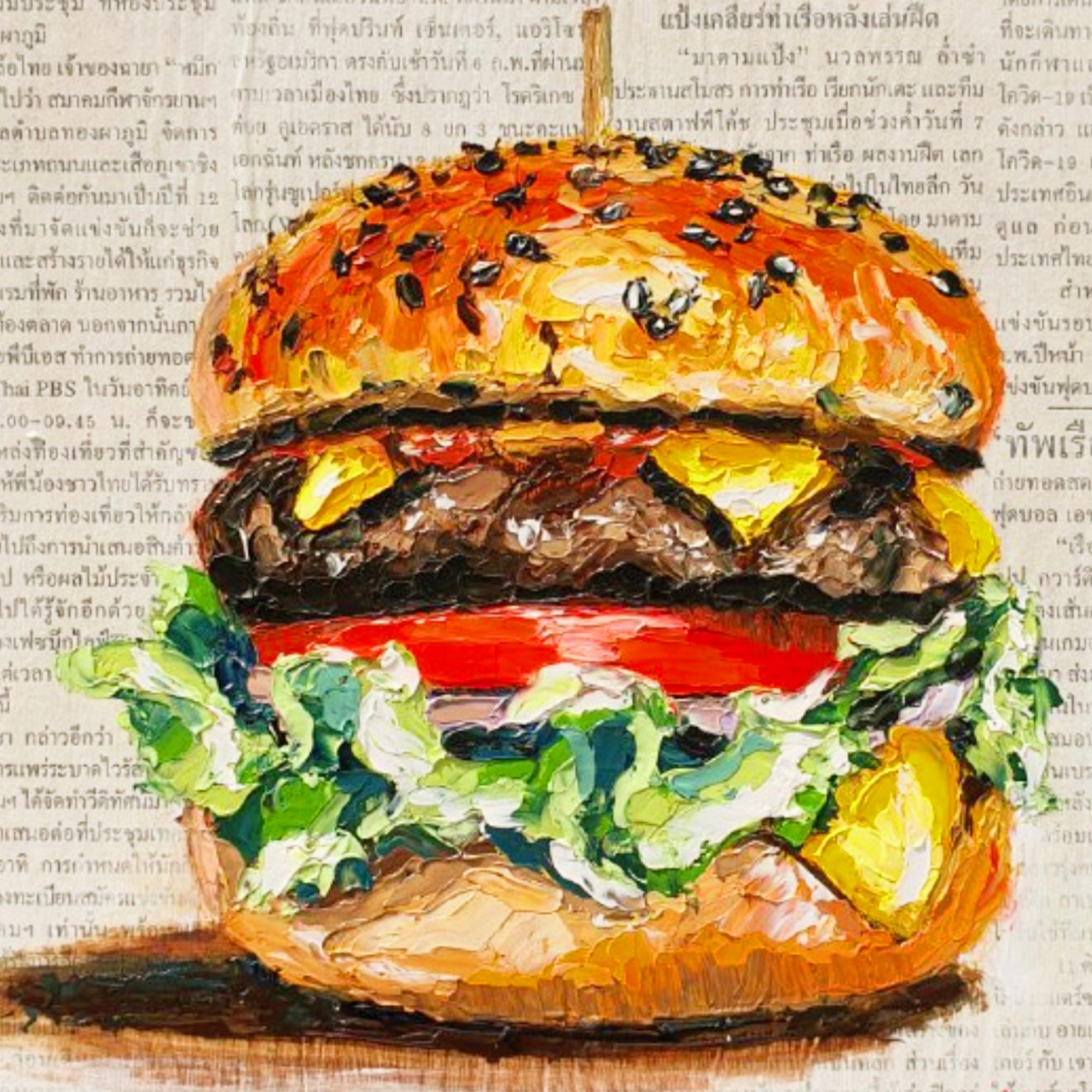 Burger Painting Original Artwork Cheeseburger Realism Art by Marina - Beige Still-Life Painting par Marina Fisher