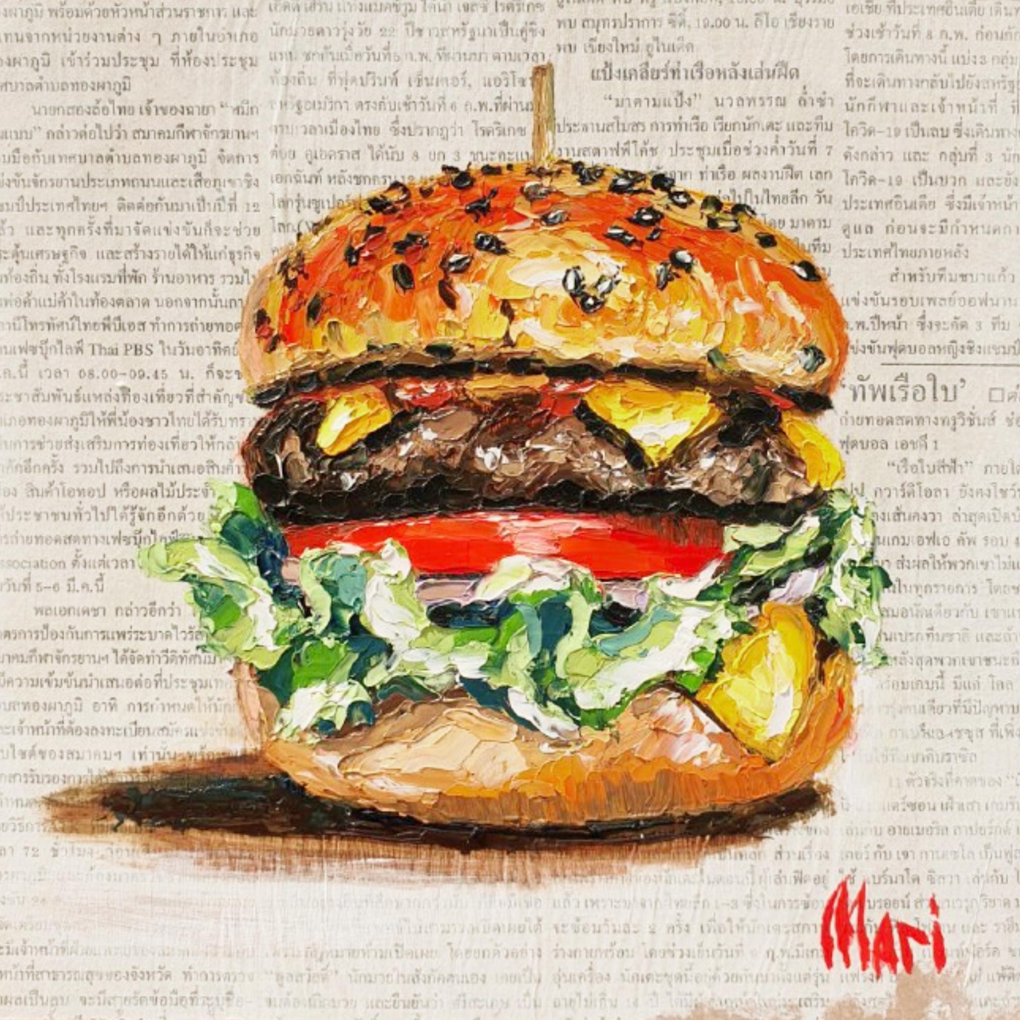 Ajoutez une touche de créativité et de saveur à votre espace avec cette peinture originale vibrante d'un cheeseburger. Cette œuvre d'art accrocheuse capture parfaitement les couches juteuses d'un hamburger classique - avec un pain aux graines de