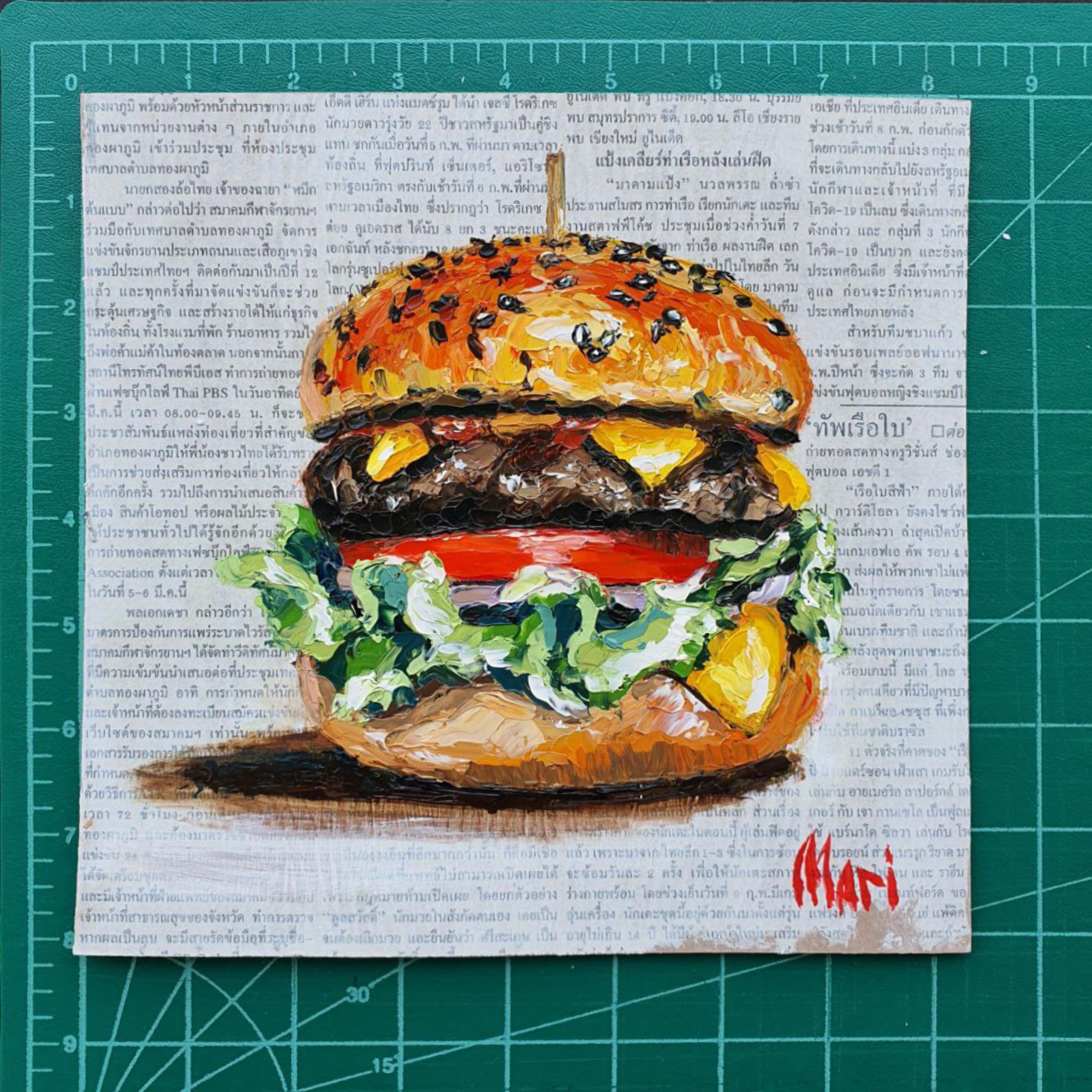 Burger Painting Original Artwork Cheeseburger Realism Art by Marina en vente 1