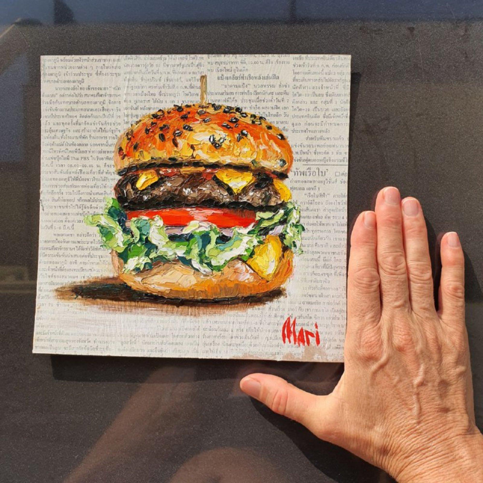 Burger Painting Original Artwork Cheeseburger Realism Art by Marina en vente 2