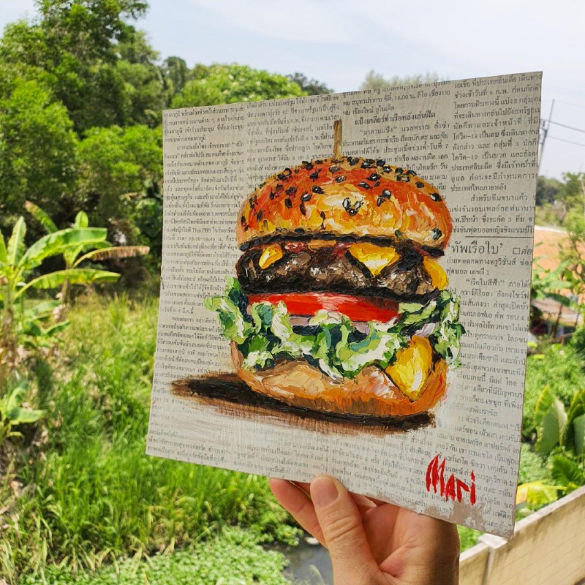 Burger Painting Original Artwork Cheeseburger Realism Art by Marina en vente 3