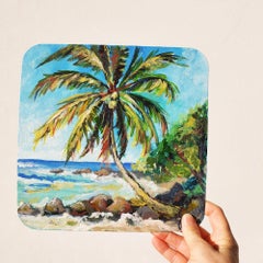 Coconut Palm Tree by the Rocky Shore Painting Tropical Original Art  Sunny Ocean