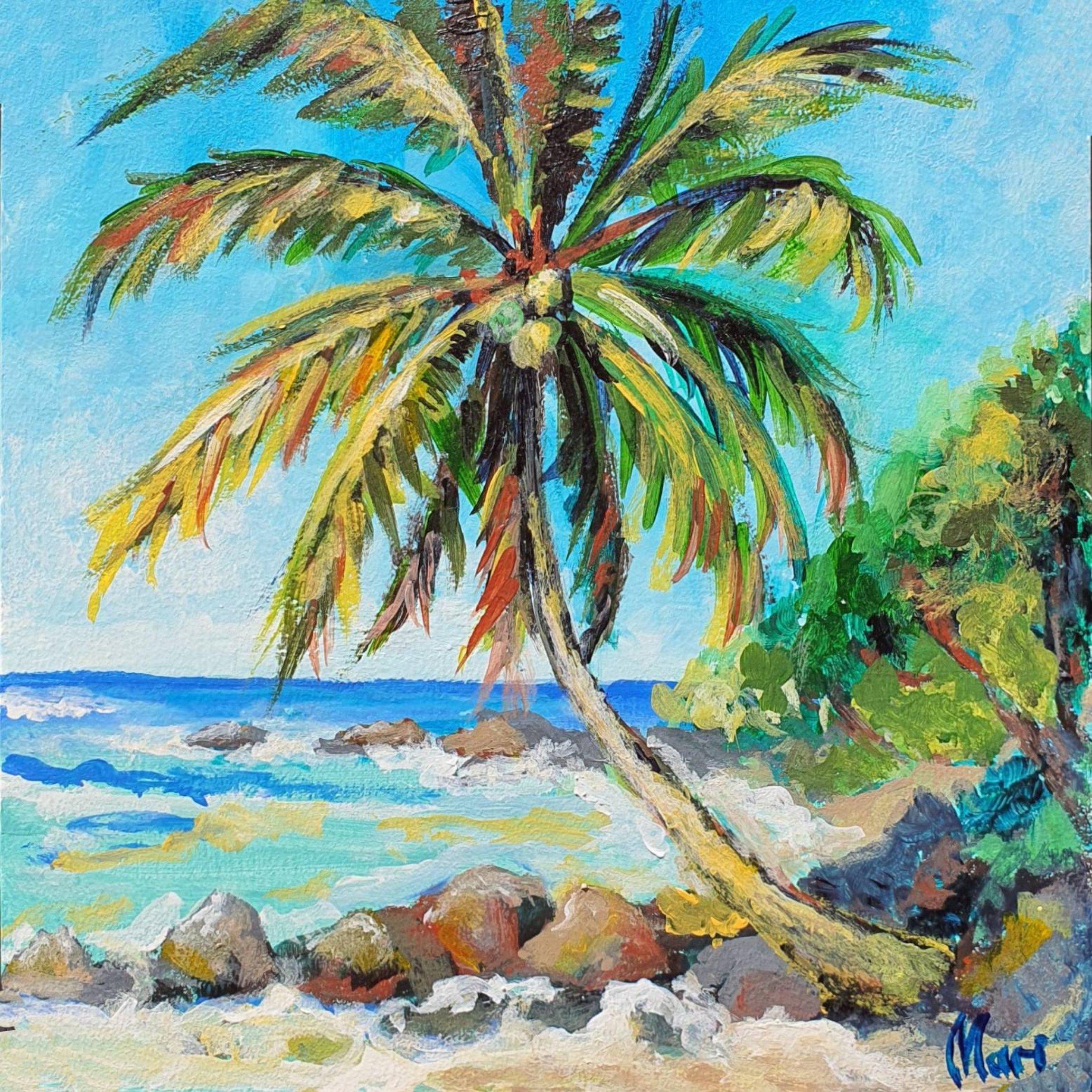 Marina Fisher Landscape Painting - Coconut Palm Tree by the Rocky Shore Painting Tropical Original Art  Sunny Ocean