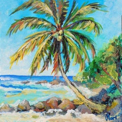 Coconut Palm Tree by the Rocky Shore Painting Tropical Original Art  Sunny Ocean