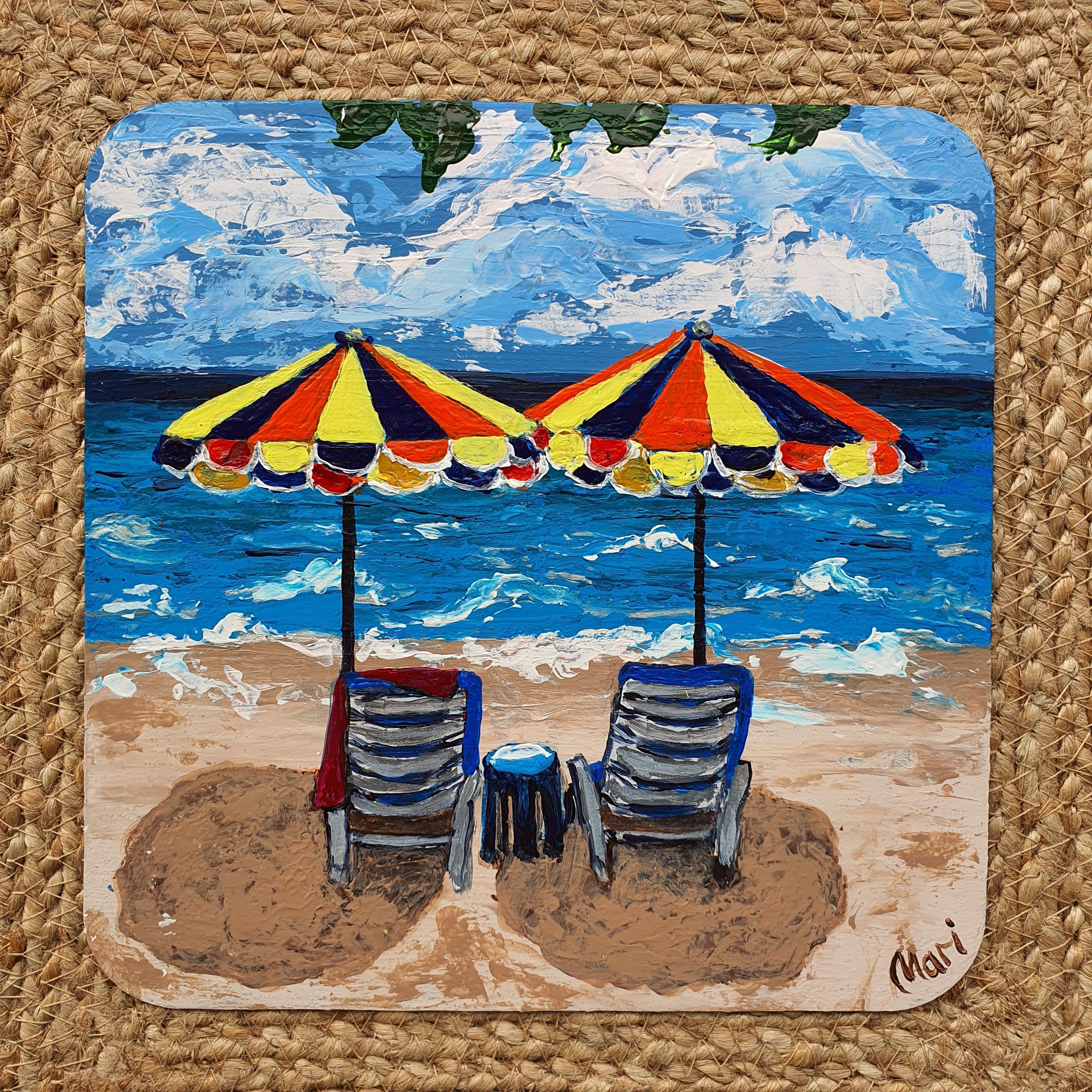 Coloridas sombrillas de playa Paisaje costero Pintura Arte oceánico - Painting de Marina Fisher