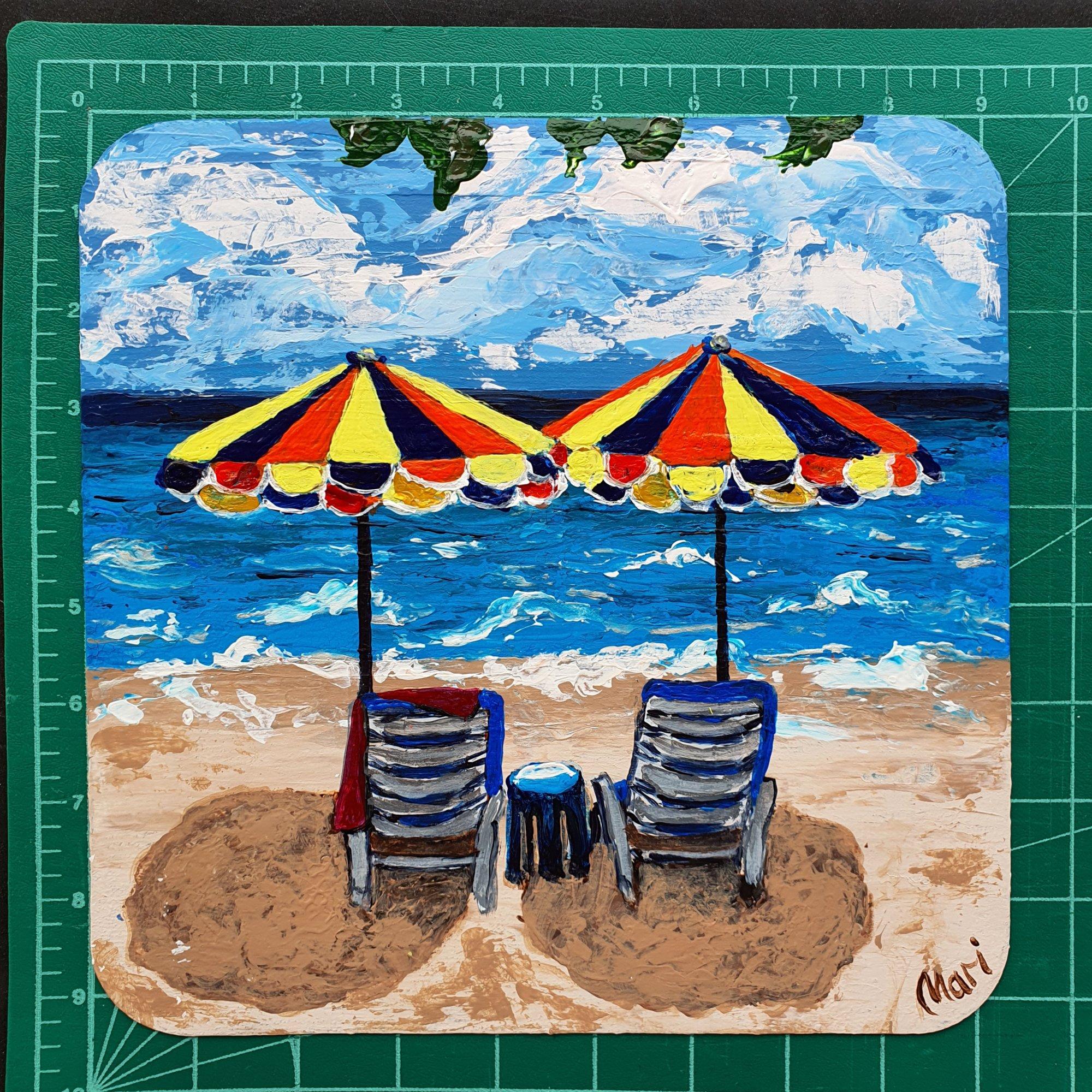 Coloridas sombrillas de playa Paisaje costero Pintura Arte oceánico - Painting Impresionista de Marina Fisher