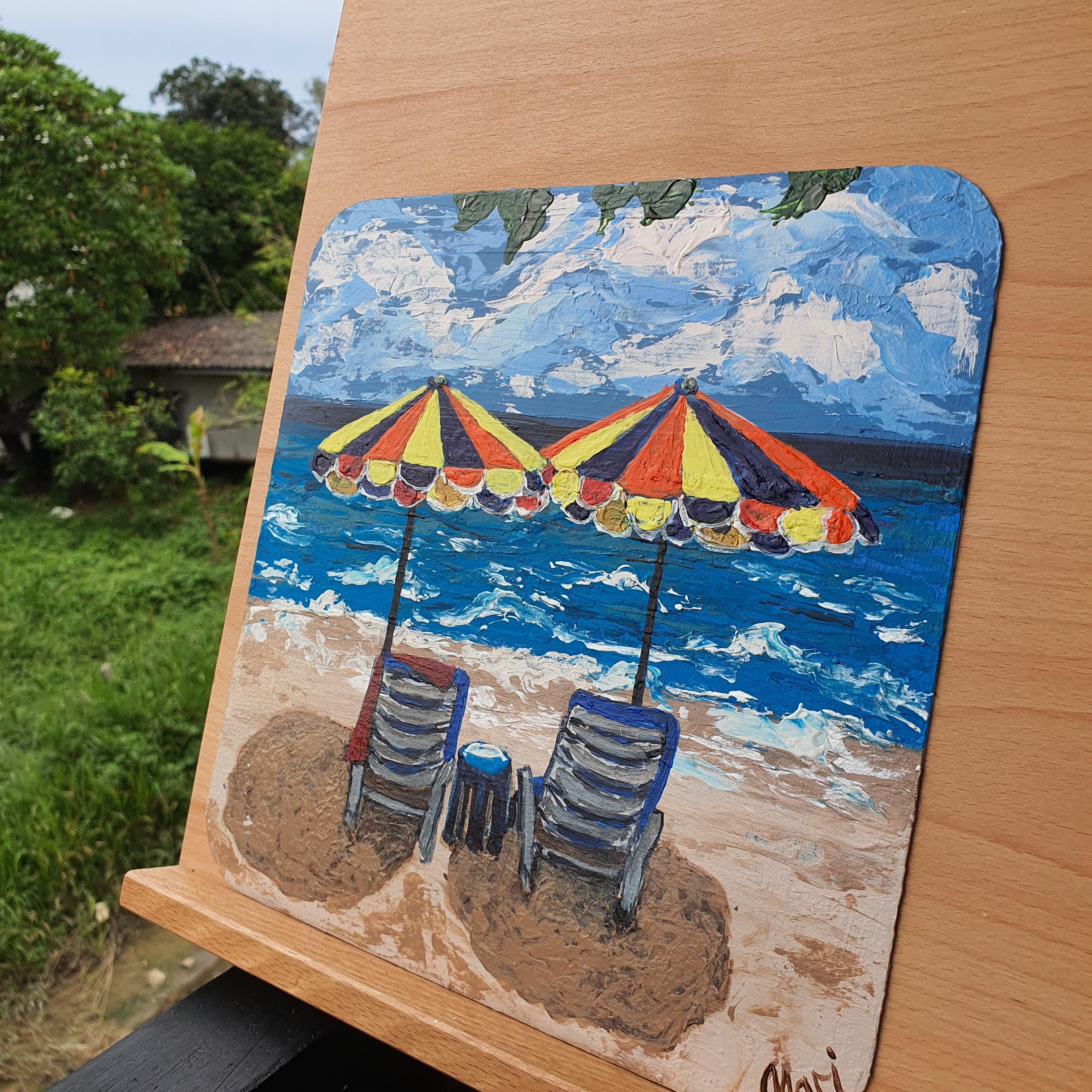 Coloridas sombrillas de playa Paisaje costero Pintura Arte oceánico - Landscape Painting Gris de Marina Fisher