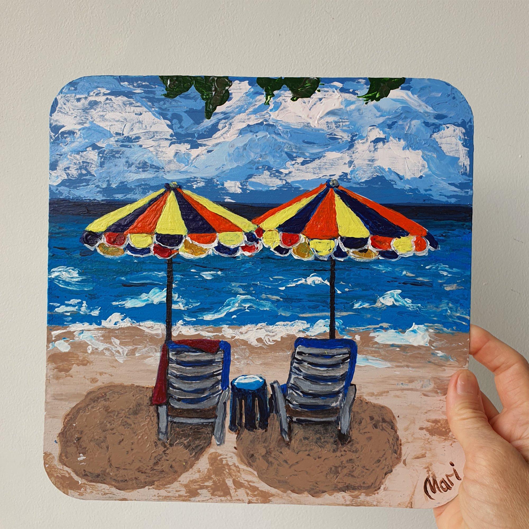 Coloridas sombrillas de playa Paisaje costero Pintura Arte oceánico en venta 1