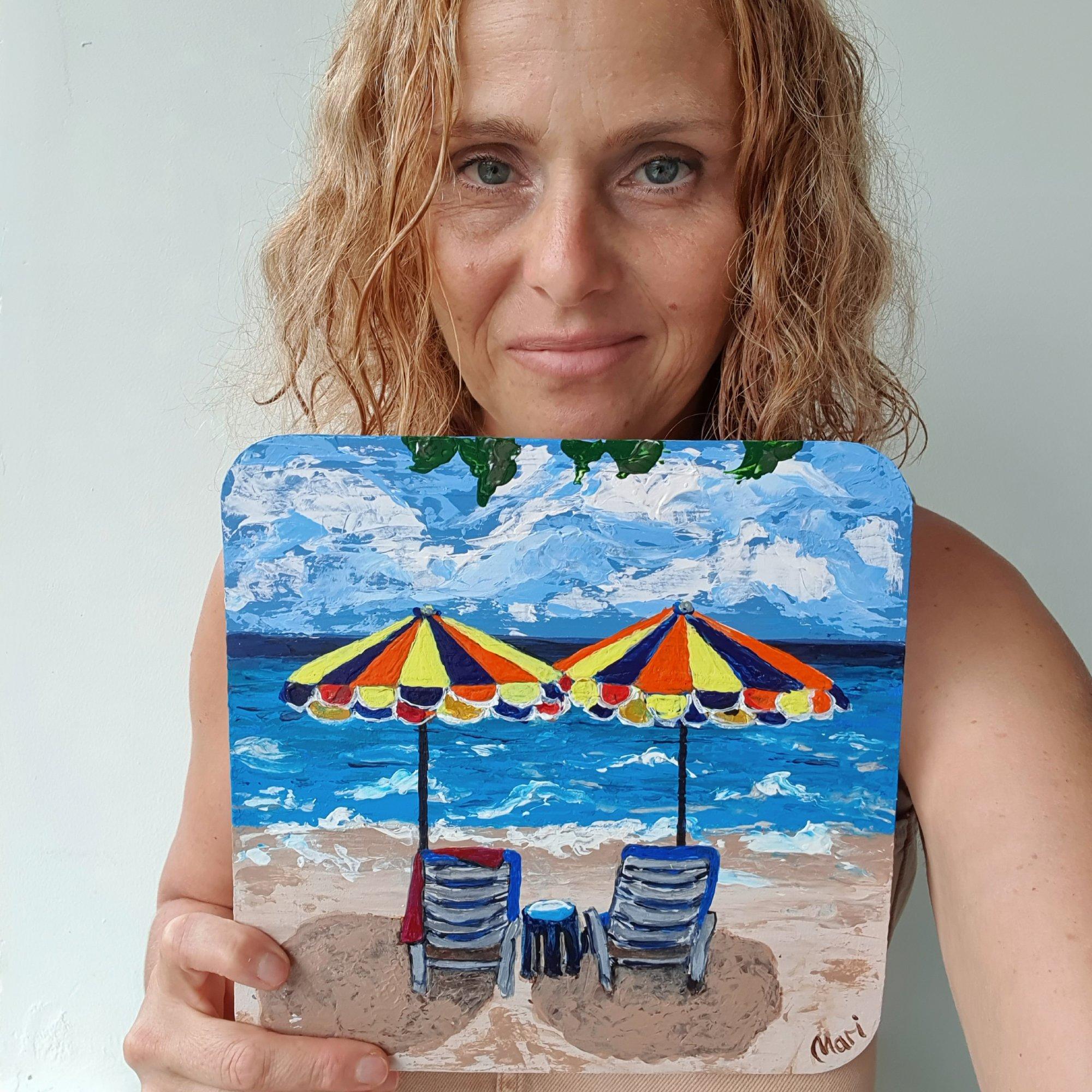 Coloridas sombrillas de playa Paisaje costero Pintura Arte oceánico en venta 2