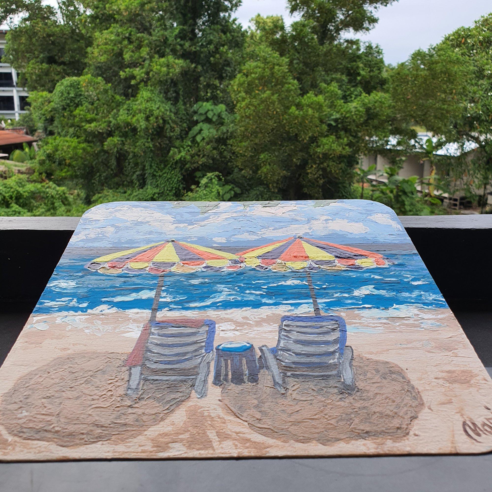 Coloridas sombrillas de playa Paisaje costero Pintura Arte oceánico en venta 3