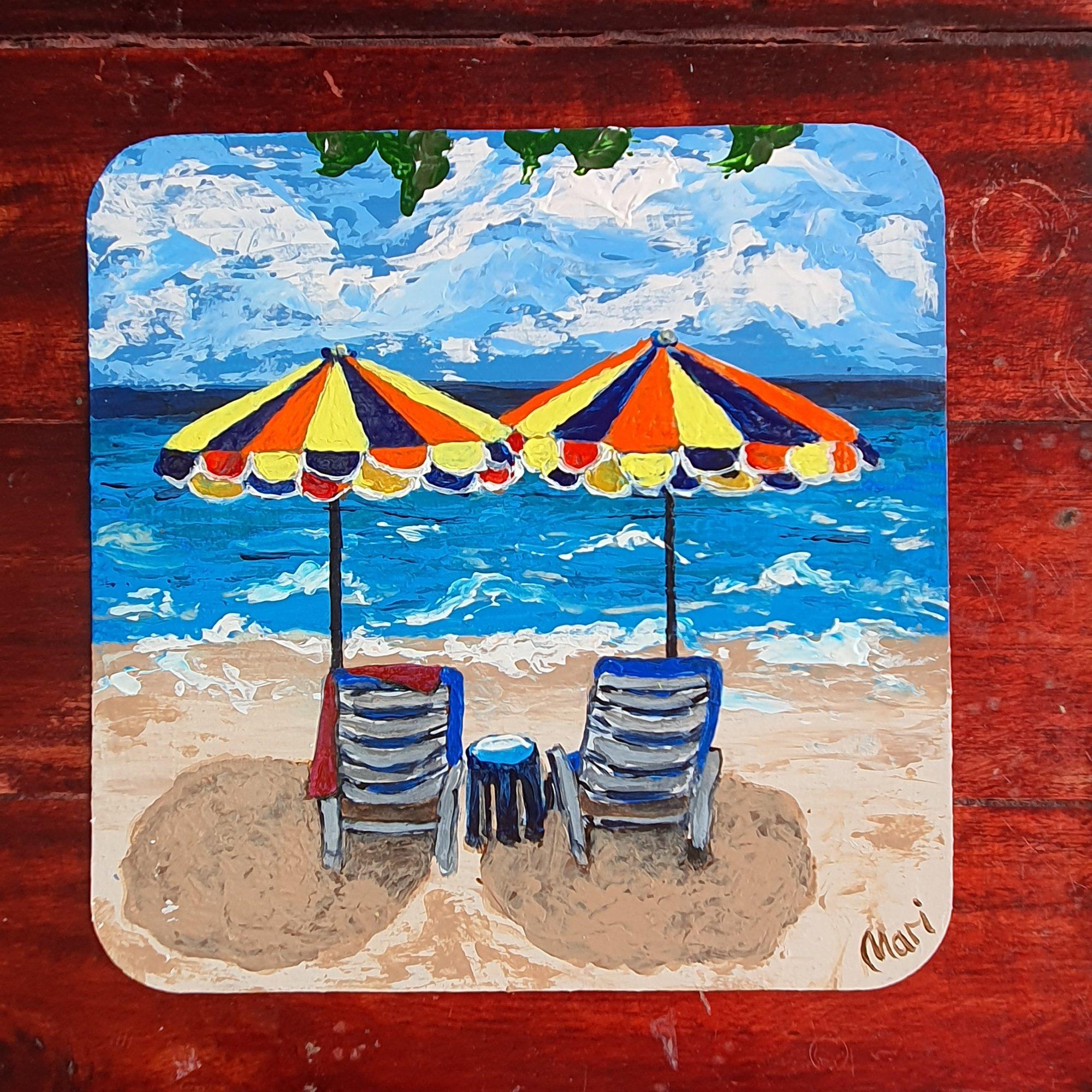 Coloridas sombrillas de playa Paisaje costero Pintura Arte oceánico en venta 4