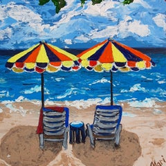 Colorful Beach Umbrellas Coastal Landscape Painting Ocean Art