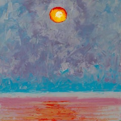 Peinture de paysage « Soleil cramoisi à travers la brume argentée des eaux côtières » – Un horizon serein