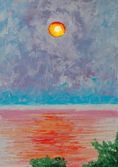 Peinture de paysage « Soleil cramoisi à travers la brume argentée des eaux côtières » – Un horizon serein