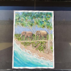Elephants Beach Painting Tropical Wildlife Coastal Landscape Safari Art