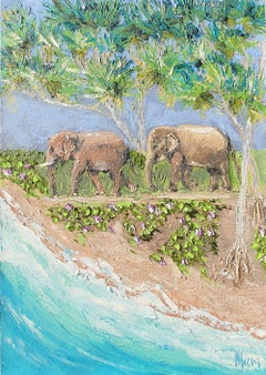 Elephants Beach Painting Tropical Wildlife Coastal Landscape Safari Art