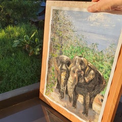 Eléphants Peinture Tropical Wildlife Nature Landscape Family Safari Art