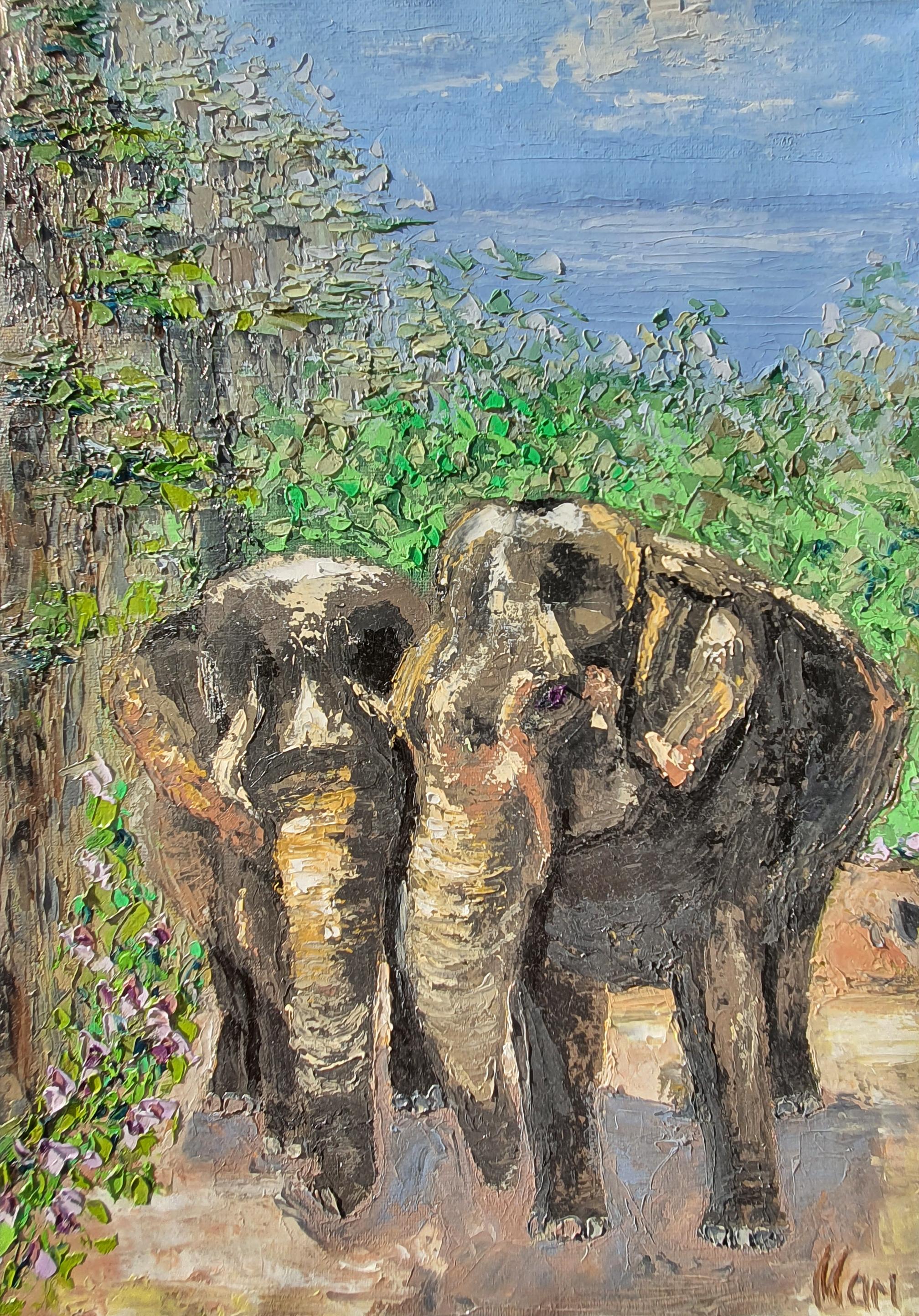 Elephants Painting Tropical Wildlife Nature Landscape Family Safari Art