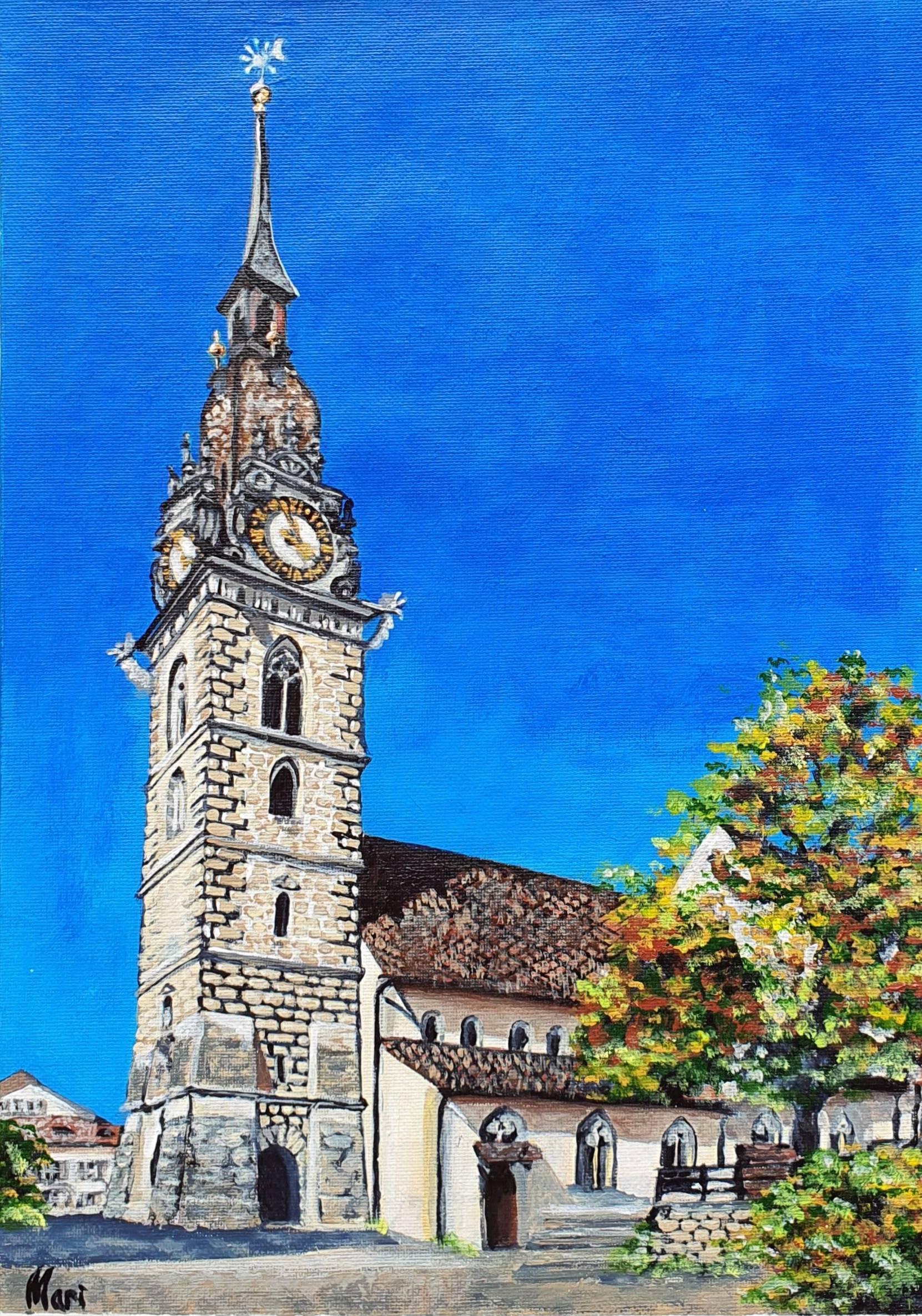 European Village Church Tower Painting Travel Inspired Original Art - Blue Still-Life Painting by Marina Fisher