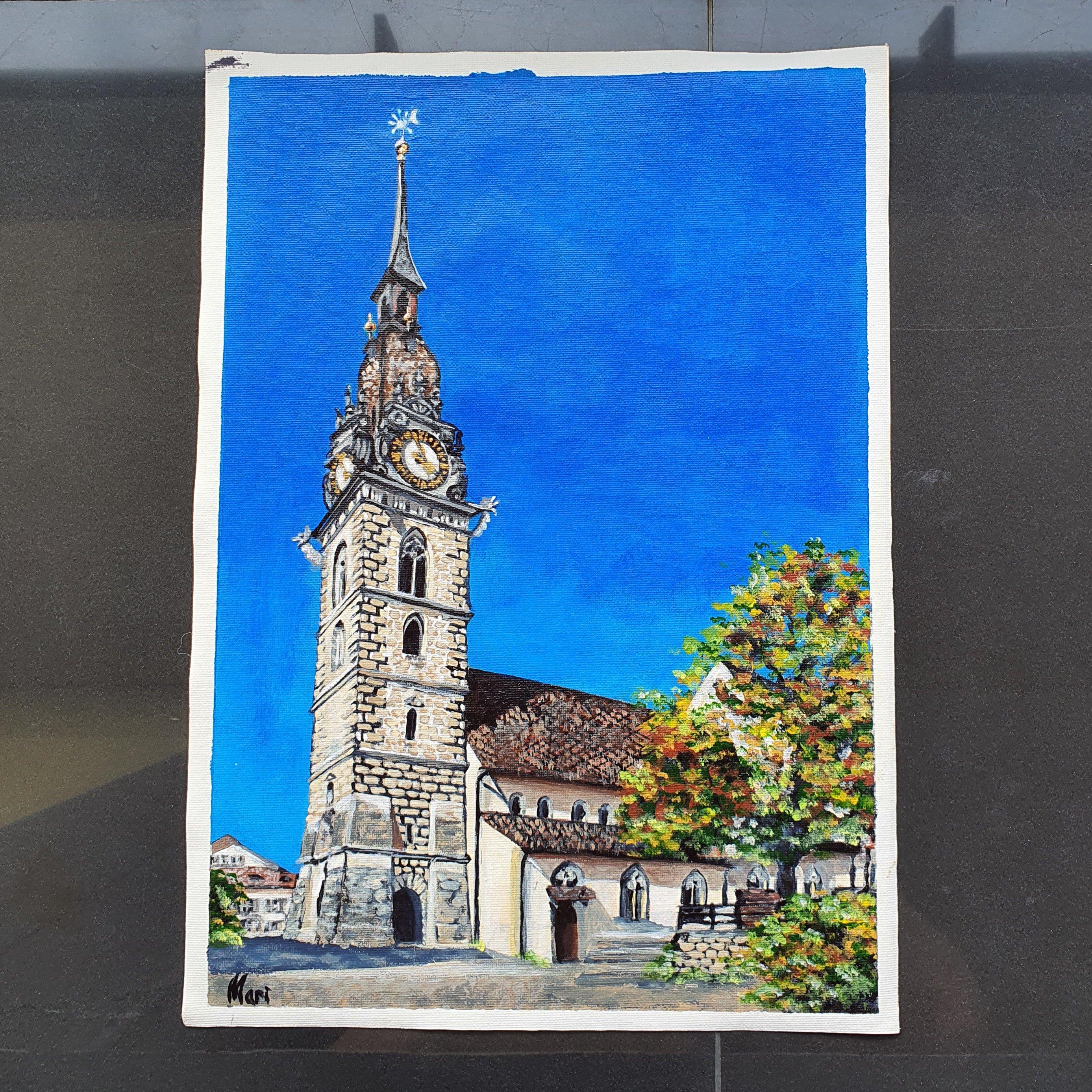 European Village Church Tower Painting Travel Inspired Original Art For Sale 1
