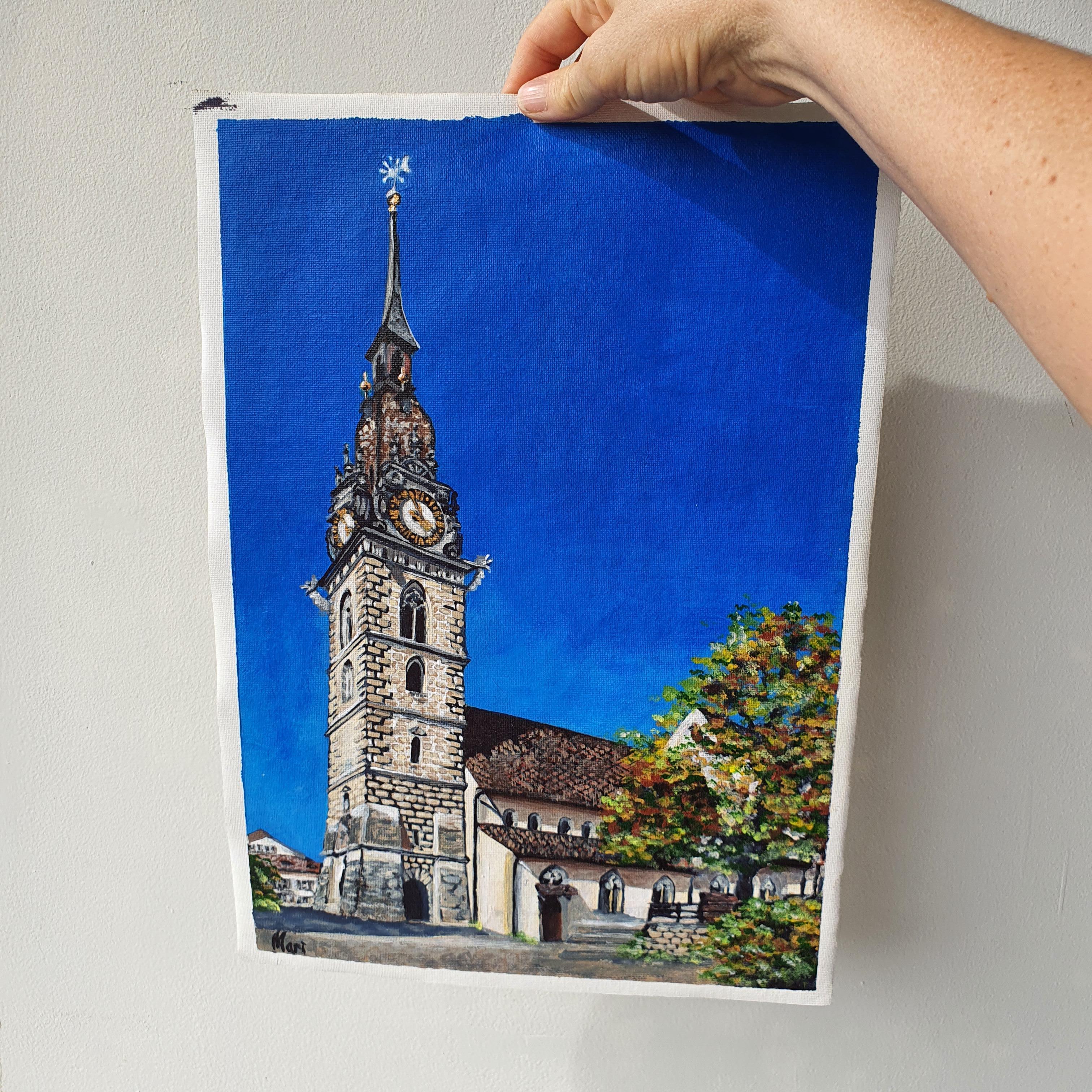 European Village Church Tower Painting Travel Inspired Original Art For Sale 2