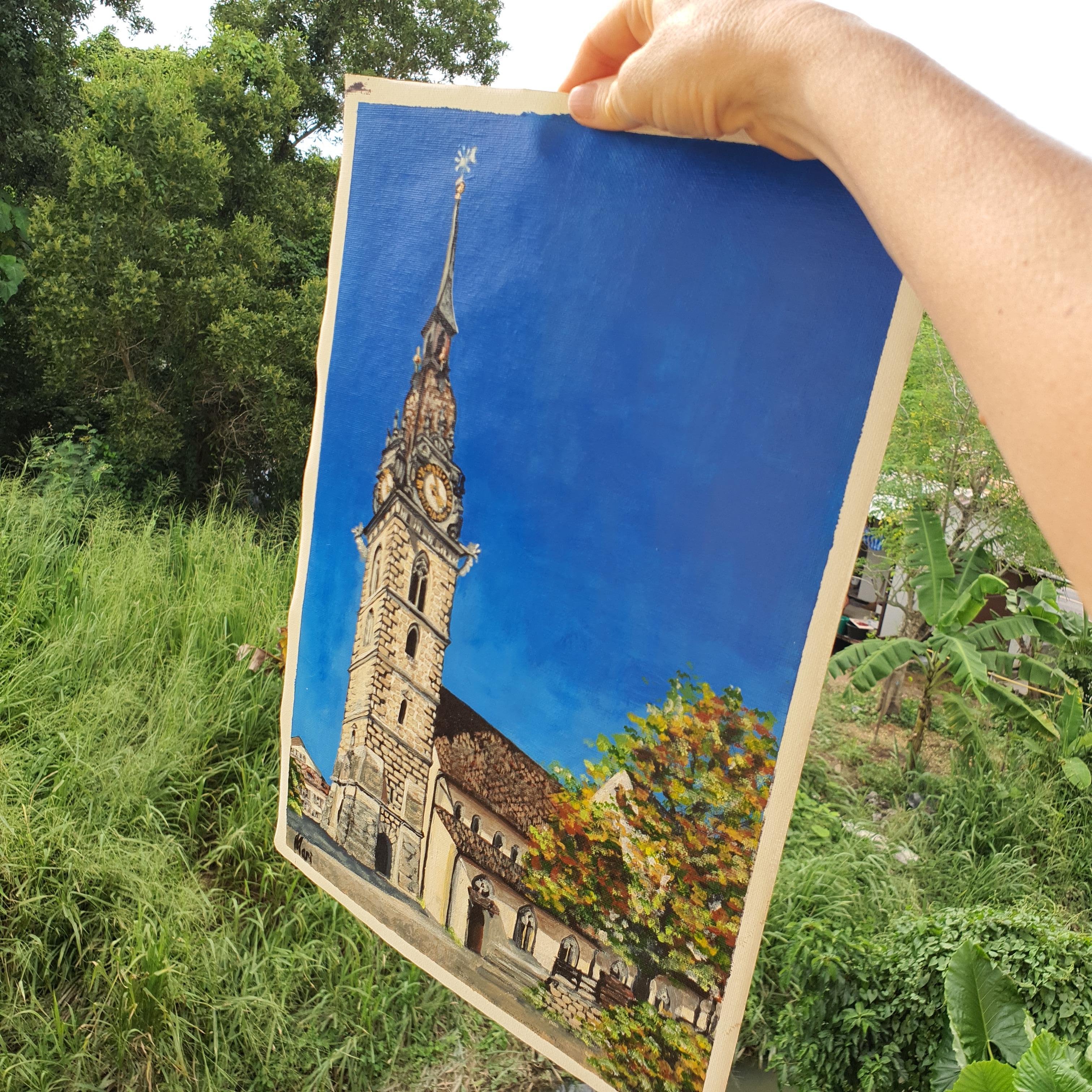 European Village Church Tower Painting Travel Inspired Original Art For Sale 3