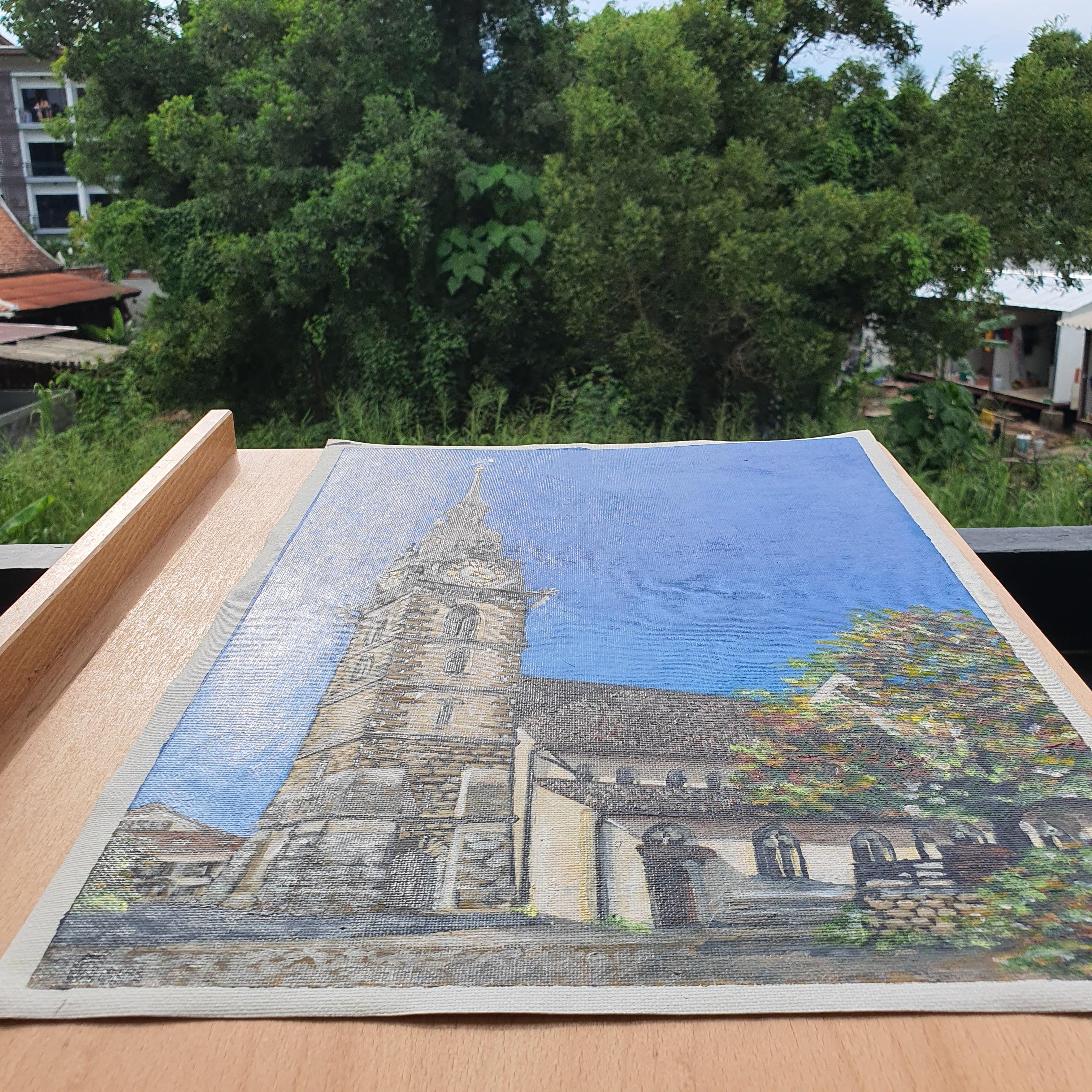 European Village Church Tower Painting Travel Inspired Original Art For Sale 4
