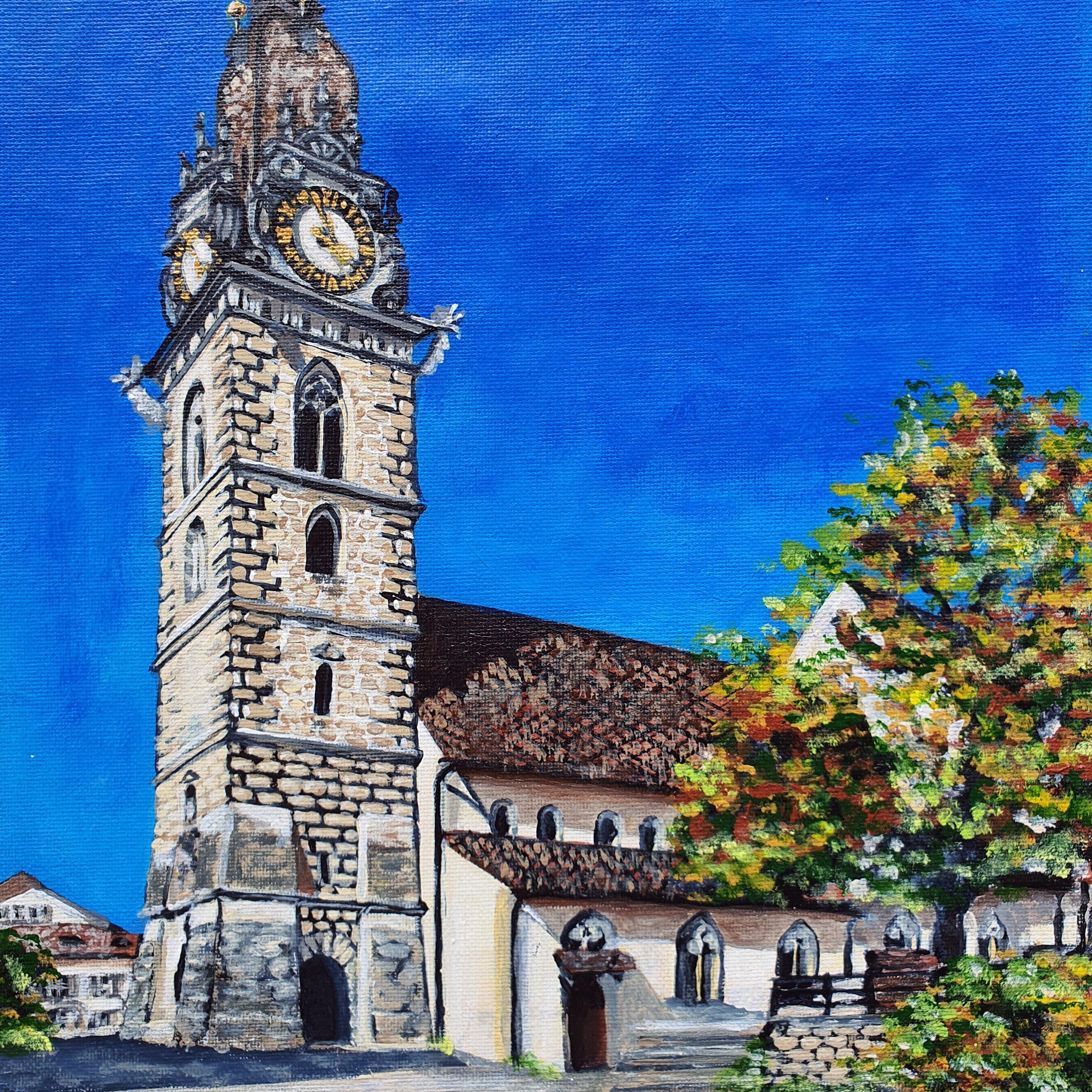 Marina Fisher Still-Life Painting - European Village Church Tower Painting Travel Inspired Original Art