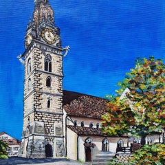 European Village Church Tower Painting Travel Inspired Original Art