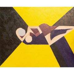 Geometric Couple Lovers Original Painting Abstract Figures Yellow Background Mod