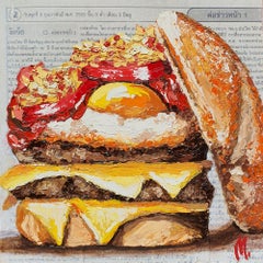 Gourmet Breakfast Burger Painting Original Food Art Egg Cheeseburger Kitchen Wal