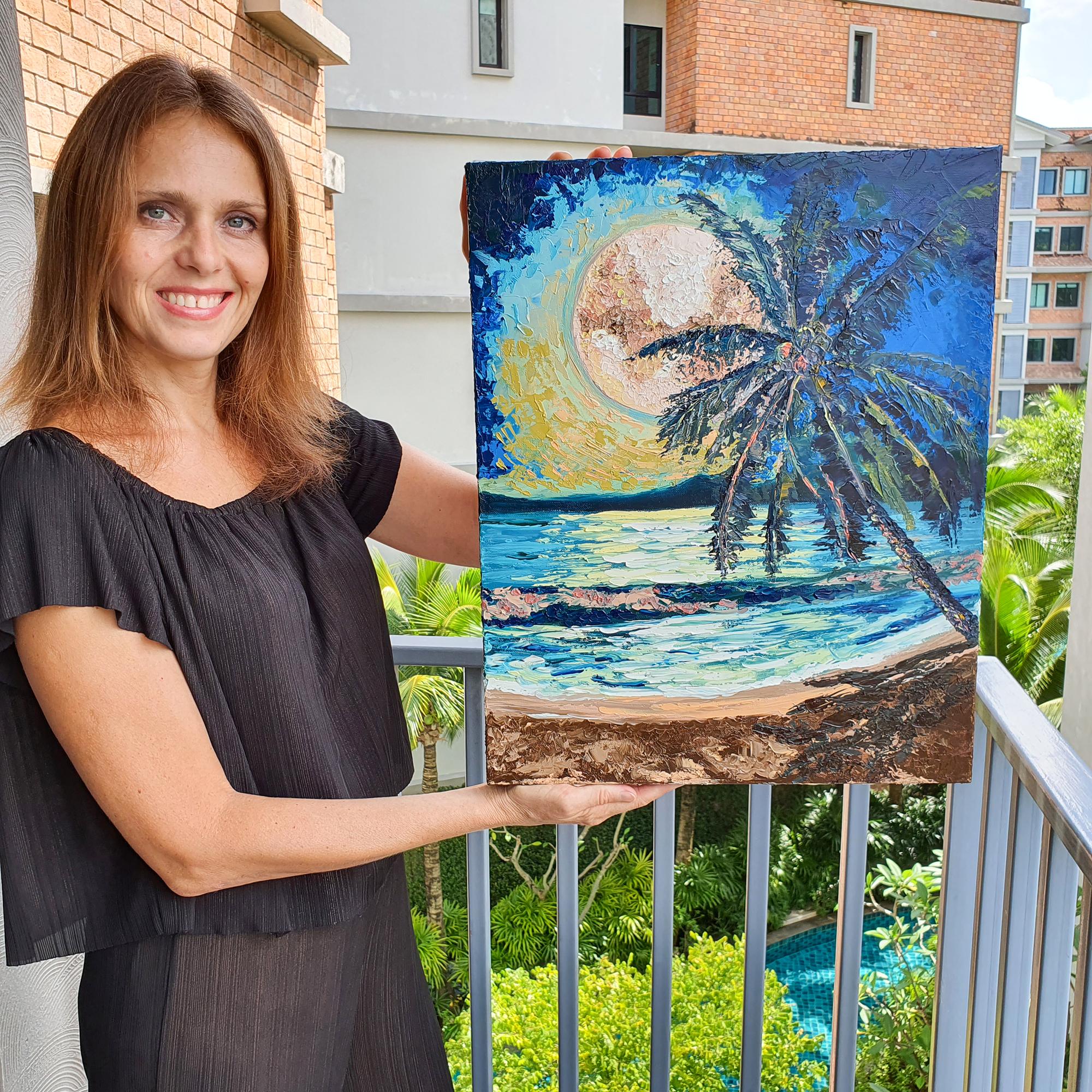 Hawaii Painting Palm Tree Original Art Tropical Night Moonlit Beach For Sale 2