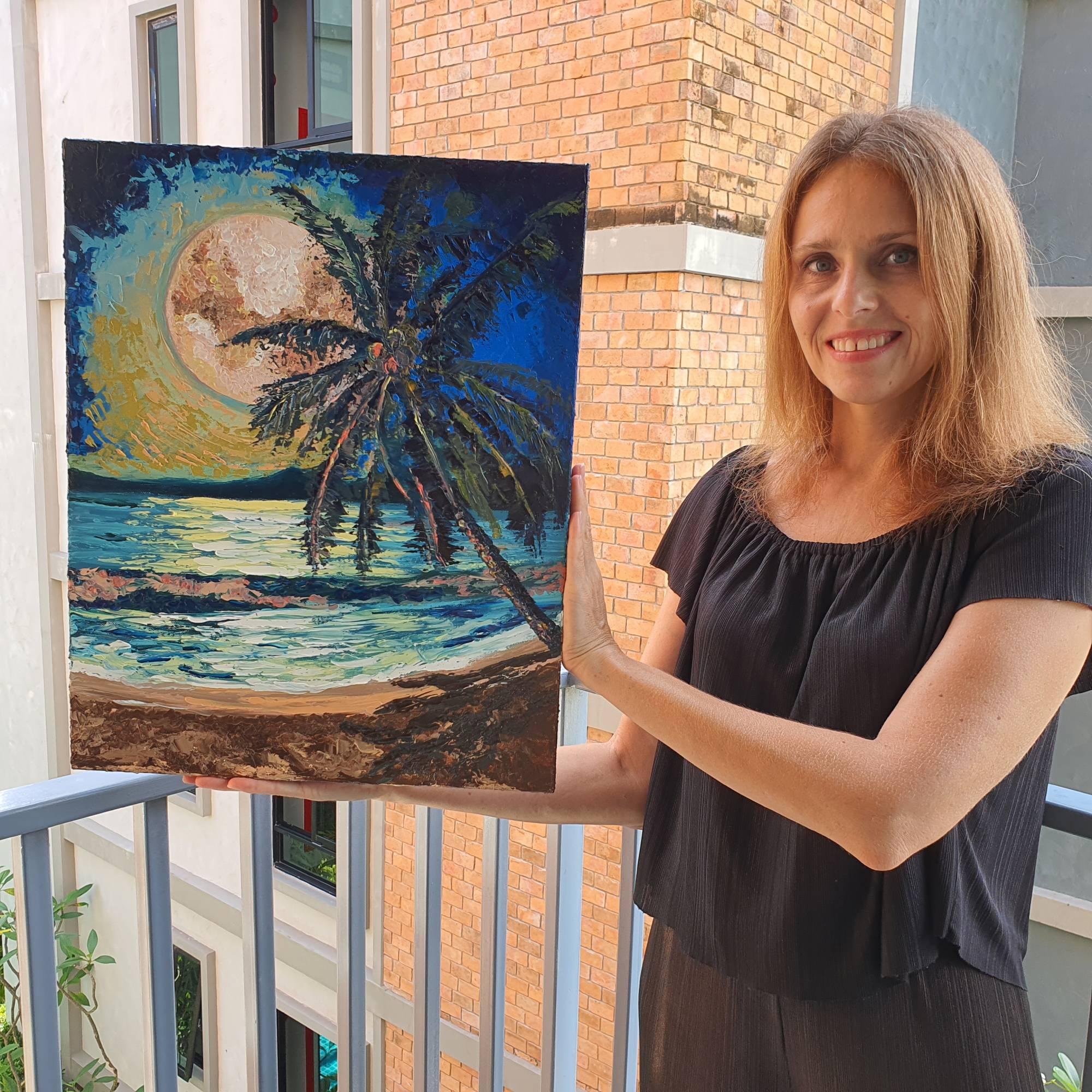 Hawaii Painting Palm Tree Original Art Tropical Night Moonlit Beach For Sale 3