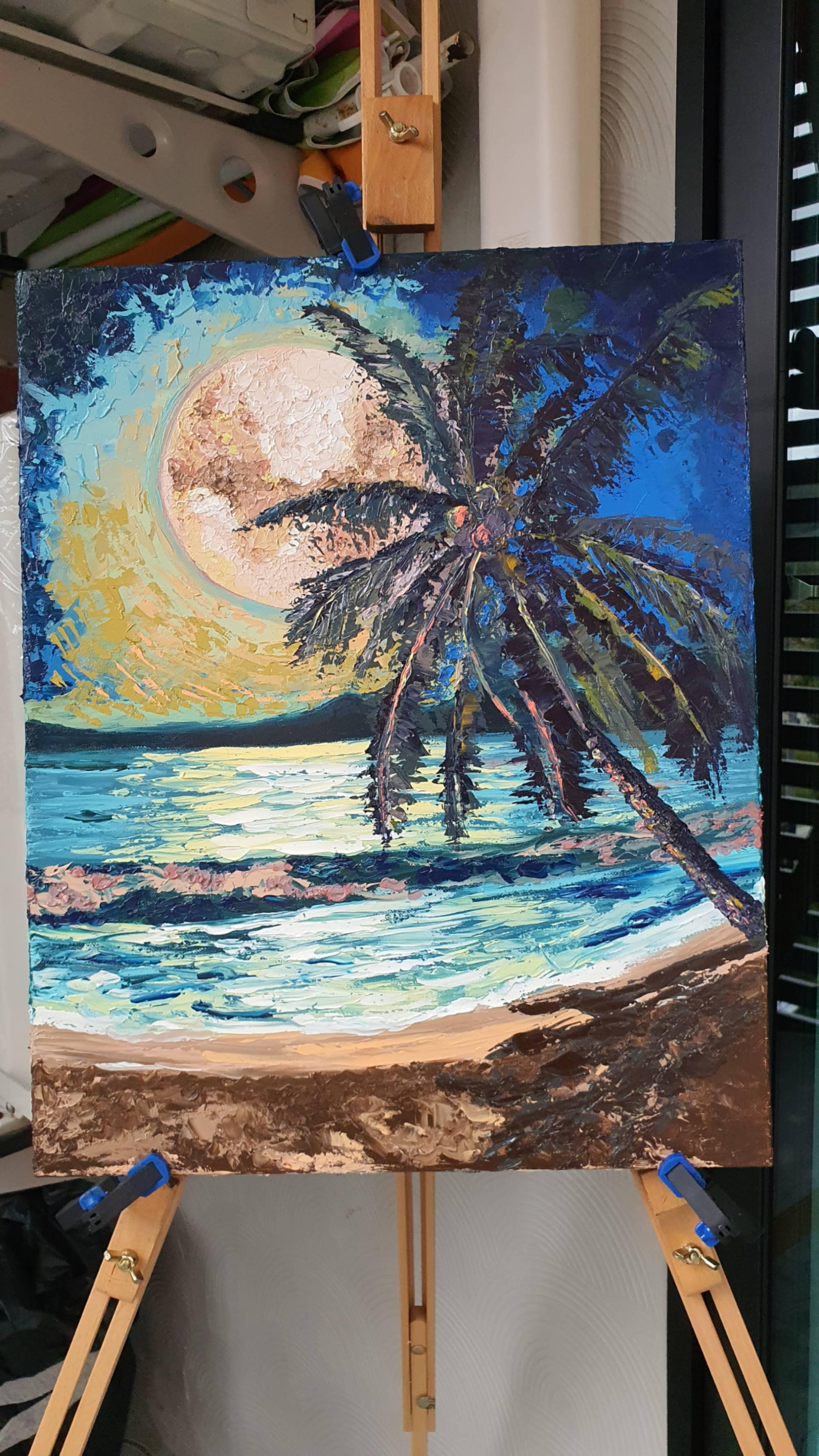 Hawaii Painting Palm Tree Original Art Tropical Night Moonlit Beach For Sale 4