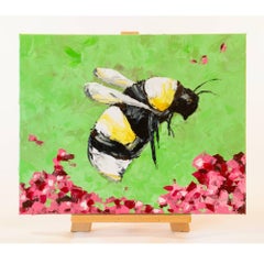 Honey Bee on Flowers Original Painting Garden Wall Art Bee Art