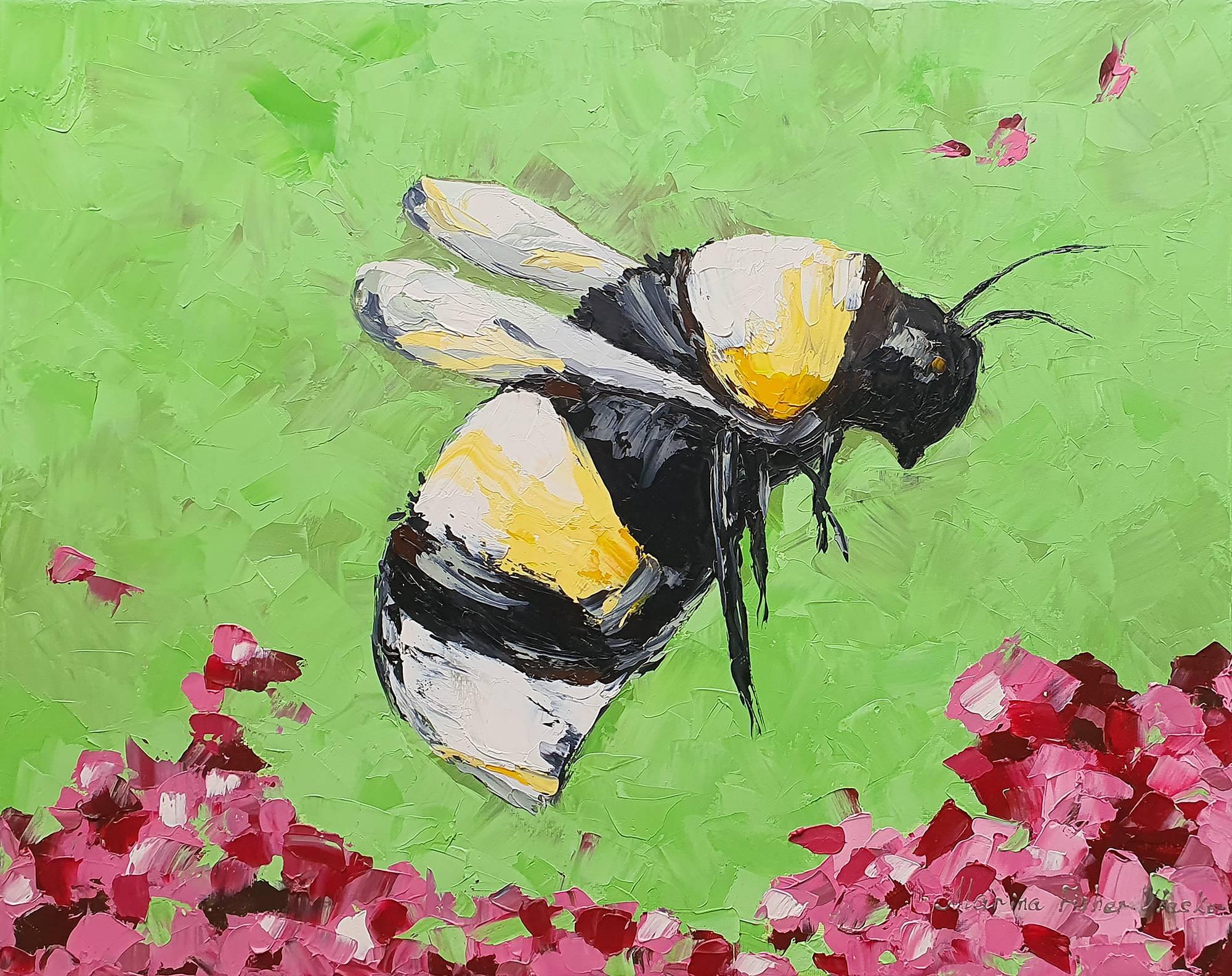 Honey Bee on Flowers Original Painting Garden Wall Art Bee Art