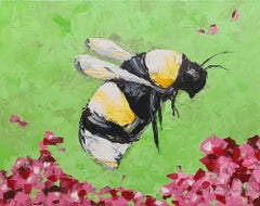 Honey Bee on Flowers Original Painting Garden Wall Art Bee Art