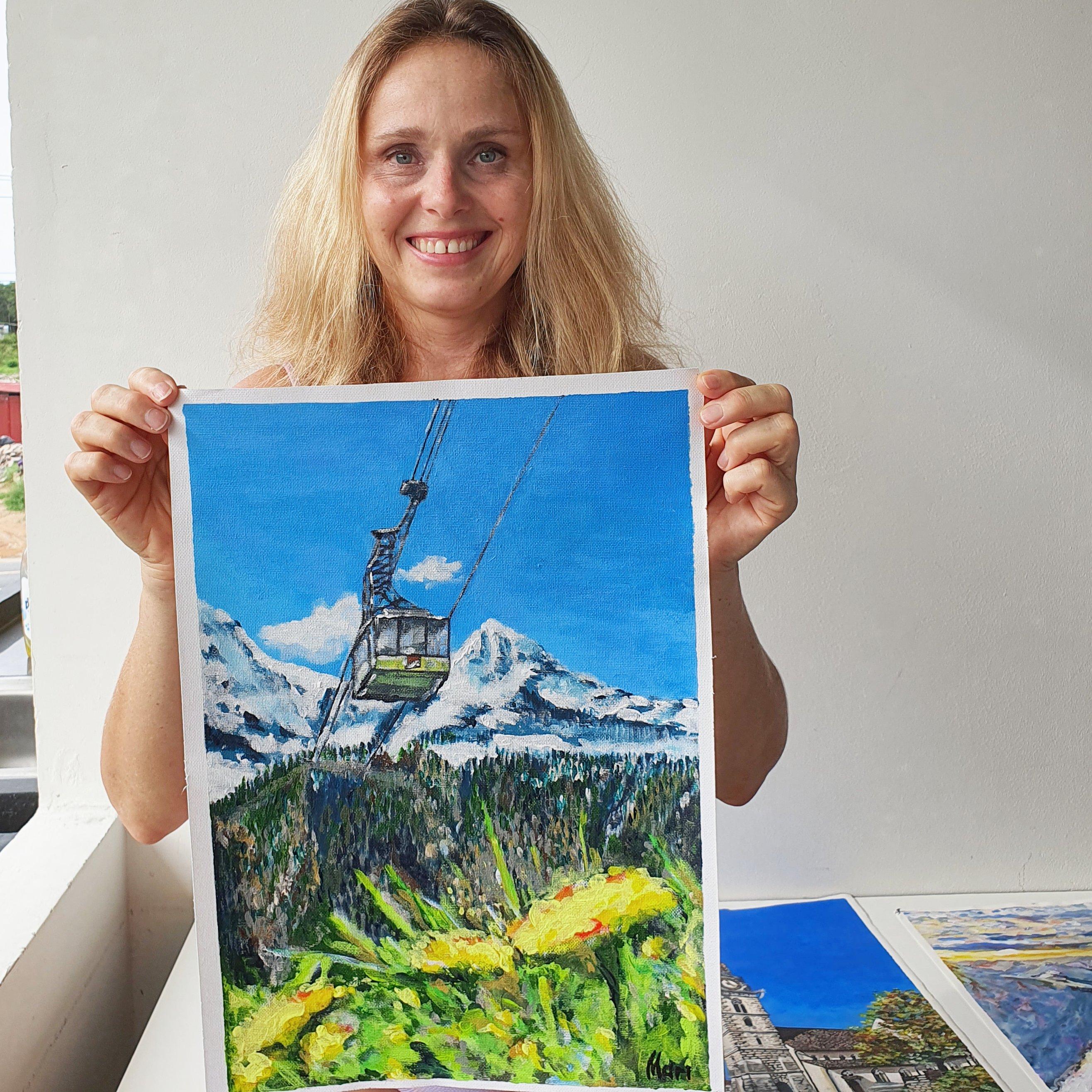 Jungfraujoch Switzerland Cable Car Painting Original Art Alpine Snow Mountain Vi For Sale 8