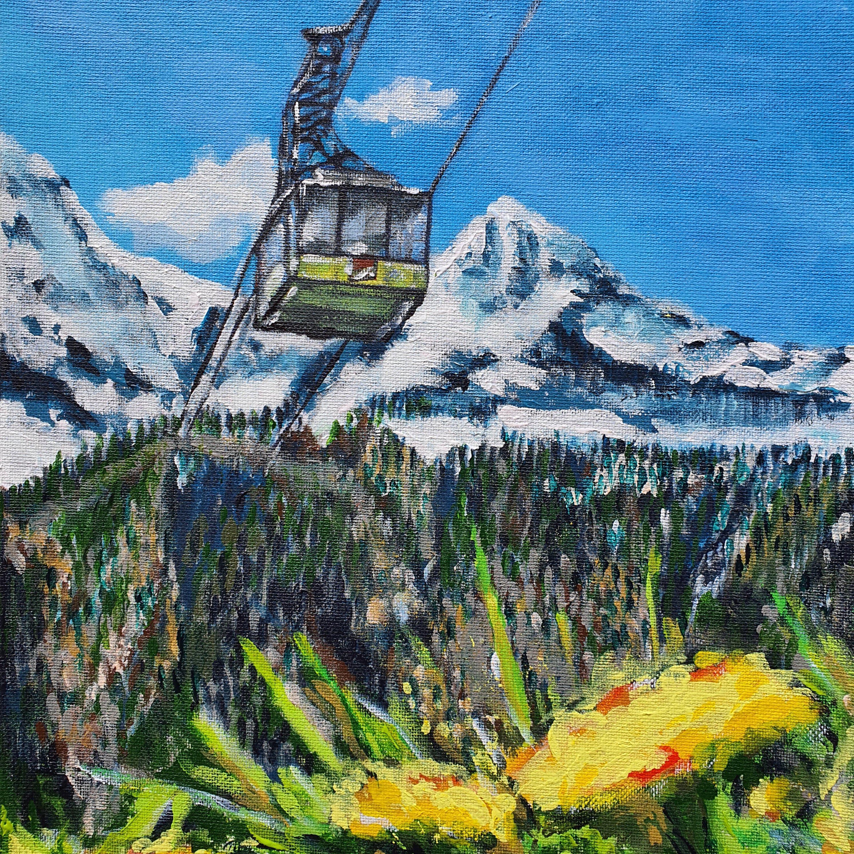 Jungfraujoch Switzerland Cable Car Painting Original Art Alpine Snow Mountain Vi - Blue Landscape Painting by Marina Fisher